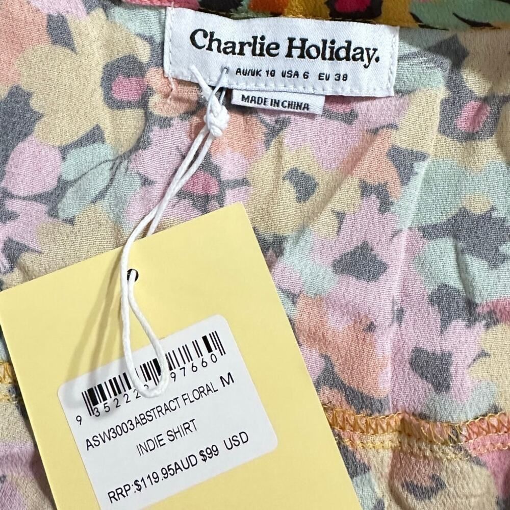 Charlie Holiday Indie Shirt Women's 6 Multicolor Abstract Floral Short Sleeve - Picture 5 of 7